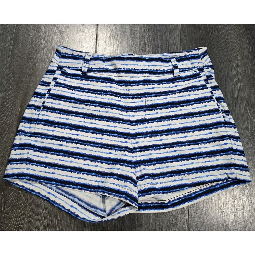 Spanx Sunshine Shorts Women S Blue Paint Striped Stretch 4" Boating Beach Tennis